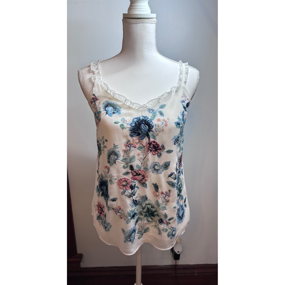 White House Black Market Floral Beaded Camisole Top White Blue Pink XS